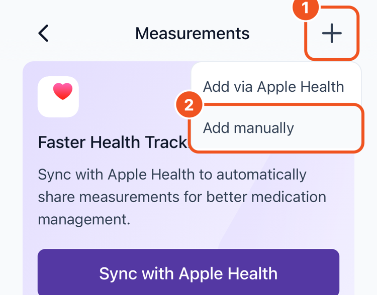 Measurements screen: 1 the + button, 2 Add manually in the menu that opens